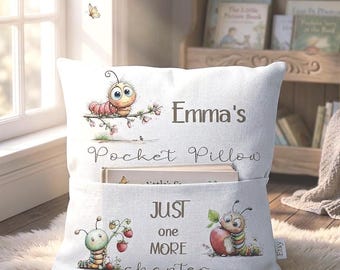 Personalised Caterpillar Book Pocket Pillow - Custom Kids Reading Gift for Story Time Nursery cushion