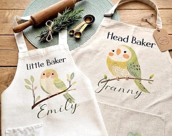 Personalised Granny and Me Apron Set, Bird Lover Baking Kitchen Aprons for cooking activity