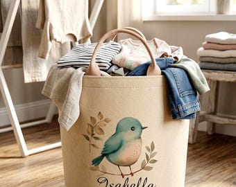 Personalised Laundry Basket Nursery Storage, Custom Name Felt Toy Hamper, Blue Robin Bird Gift, Kids Clothes Storage Bin Organiser