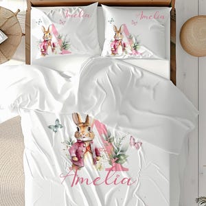 Personalized Bunny girl Duvet Cover Set, Custom Name pink initial Kids Bedding image 5