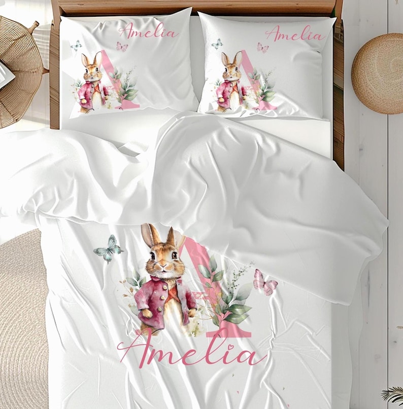 Personalized Bunny girl Duvet Cover Set, Custom Name pink initial Kids Bedding image 5