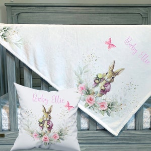 Personalised bunny Baby comforter, pink rabbit blanket romper suit outfit with cushion