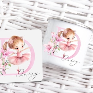 Conjunto de canecas personalizadas com estampa de bailarina dançando, porta-copos com iniciais rosa, jantar para crianças, conjunto de mesa para crianças, presente de aniversário e Natal
