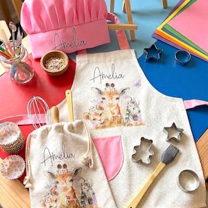 Ensemble de pâtisserie en lin personnalisé pour enfants, tablier avec nom personnalisé, sac, outils, tenue de chef