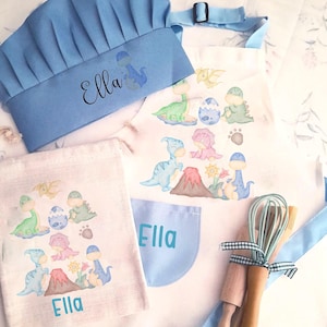 Personalised Dinosaur Kids quality apron, bespoke Baking Chef hat set, rolling pin wooden spoon, Christmas gift, kids cooking utensils