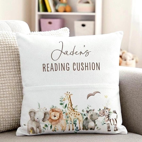 Cuscino da lettura personalizzato con animali della giungla, cuscino tascabile per bambini con tema safari, regalo personalizzato per l'ora delle storie.