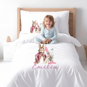 Personalized Bunny girl Duvet Cover Set, Custom Name pink initial Kids Bedding image 2