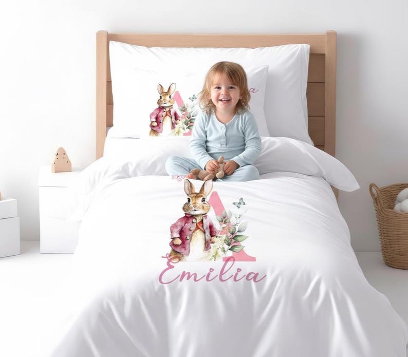 Personalized Bunny girl Duvet Cover Set, Custom Name pink initial Kids Bedding image 2
