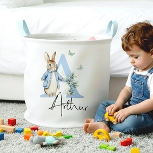 Personalised Bunny Felt Toy Basket with Cushion: Large 50L Nursery Storage Bin With crafted side