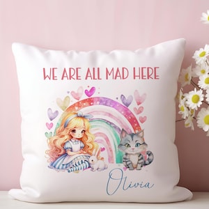 Personalised Alice in Wonderland Cushion, kids soft Pillow, baby shower gift, bedroom- decoration, Christmas present birthday gift