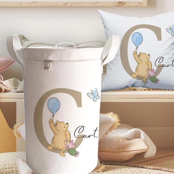 Pooh Felt Toy Storage Basket with top: Personalised Nursery Room Organizer tub bag