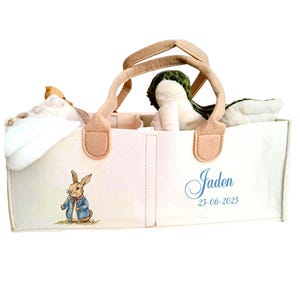 Personalised Blue Rabbit Bunny nappy organiser: bespoke design Romper Suit, Nappy Caddy, quality Blanket