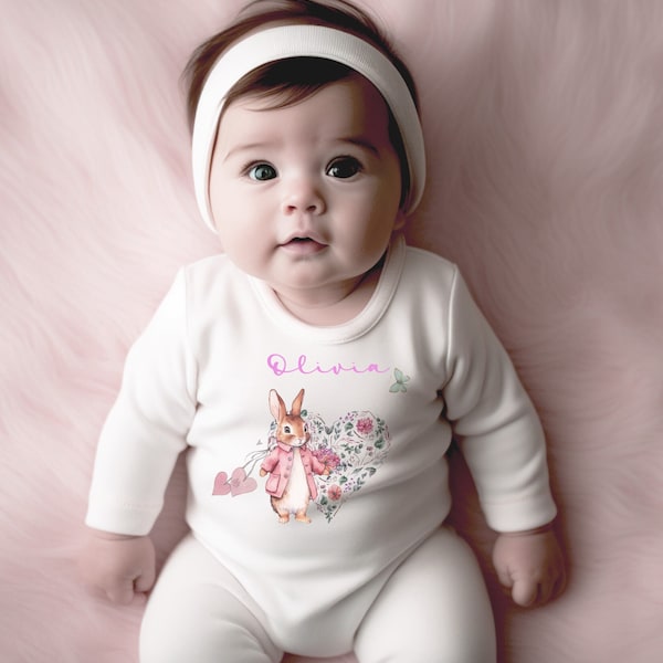 Rosa Häschen-Schlafanzug-Set, Baby-Outfit, personalisierte Mütze, Strampler- und Lätzchen-Set, Baby-Füßchen-Baby-Schlafanzug,