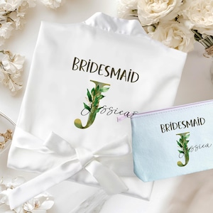 Personalized Satin Bridal Robe Cosmetic bag Set: Greenery Initial Wedding Dressing Gown