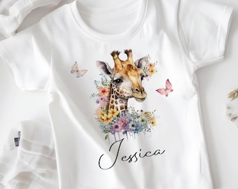 Giraffe T-Shirt, Personalised Kids safari T-Shirt, Jungle Keepsake T-Shirt, girls  Boys Birthday tees top