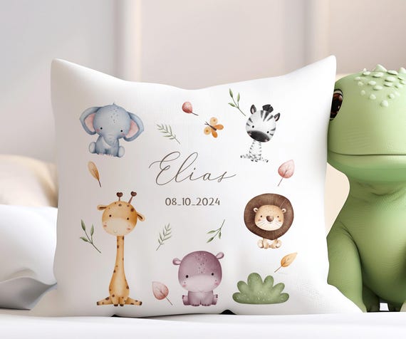 Cojín infantil personalizado con animales de safari: funda de