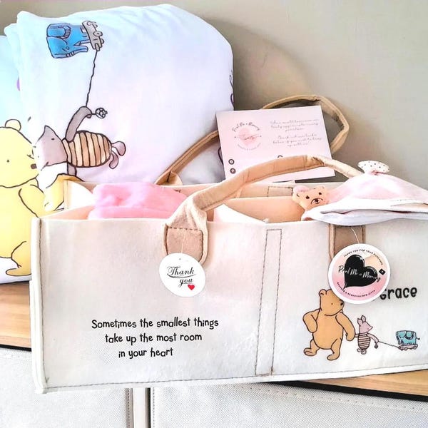 Personalised Pooh Bear Felt Nappy Caddy Blanket: Nursery Baby Diaper Cushion Gift set