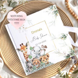 Personalized Safari baby shower hard cover book, satin style elegant guestbook, jungle print baby shower gift, gender reveal present