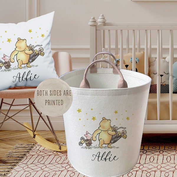 Pooh bear and pig large toy basket, Kids storage tub, nursery room item, pooh bear theme bins for baby item, organiser wall pocket