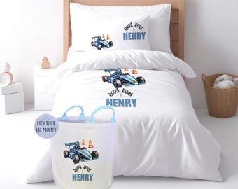 Personalised racing car print white duvet cover set, sport car print pillow case, bespoke boys bedding, quality bedroom item,