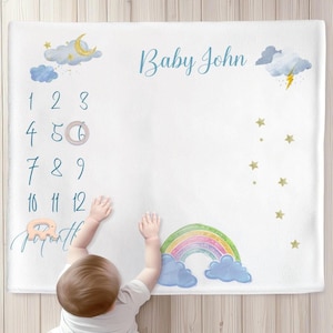 Manta personalizada con tema del clima para bebé con marcadores, manta para bebé con diseño de tormenta, regalo para baby shower, regalo de recuerdo de la edad del bebé.