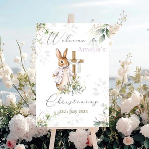 Personalised Bunny Green Christening Party Set: Welcome Sign, Quality Bespoke Guestbook
