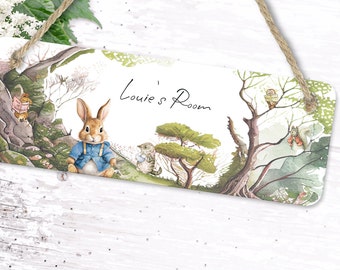 Kids woodland rabbit door plaque, Personalised bunny print wall sign, door plaque, nursery sign, kids door hanger, Children wall sign,