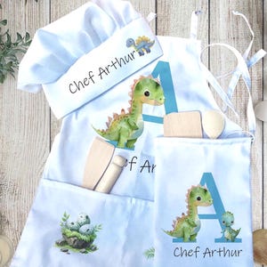 Personalised Dinosaur print baking apron set, unique chef hat, bespoke wooden set,  tabard, canvas cooking pinny, quality kids pinafore