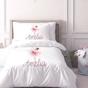 Personalised Ballerina Girl Bedding Set, Custom Name Pink Dance Duvet Cover, Pillowcase
