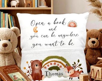 Personalised Woodland Animal Reading Cushion, Kids Pocket Book Pillow, Custom Storytime Gift, Forest Nursery