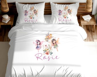 Personalised Flower Fairy print kids single duvet cover set, unique princess pillow case, bespoke girls bedding, pink theme bedroom item,