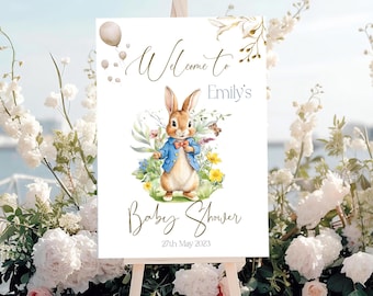 Personalised Rabbit design Baby Shower Welcome Sign, table and guest book sign, Gender Neutral Baby Shower, blue bunny backdrop