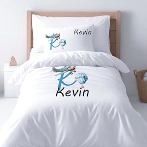 Set di biancheria da letto per cameretta con copripiumino personalizzato a tema aereo per bambini, tema aviazione.
