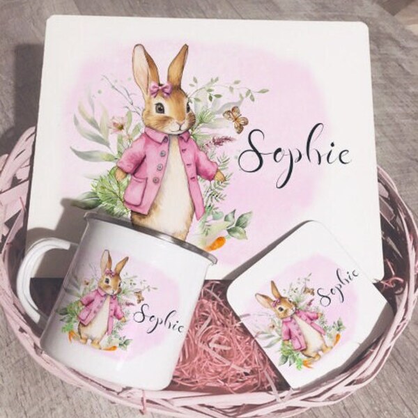 Personalised pink rabbit theme Kids Place-mat coaster gift set, cute bunny dinner set, kids  table set, Toddler gift, Christmas present