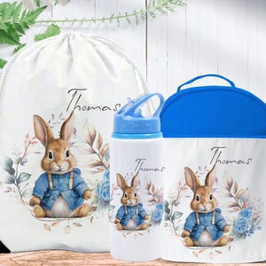 Bouteille d'eau personnalisée pour sac à lunch avec lapin bleu, boîte à lunch pour la rentrée des classes avec sac en PE, cartable pour garçon, bleu, garçon,