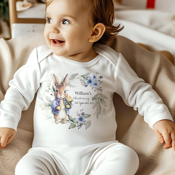 Personalised  christening Romper Suit , bunny design baptism cushion set, rabbit theme money box, Baby footie Baby Sleeping suit,