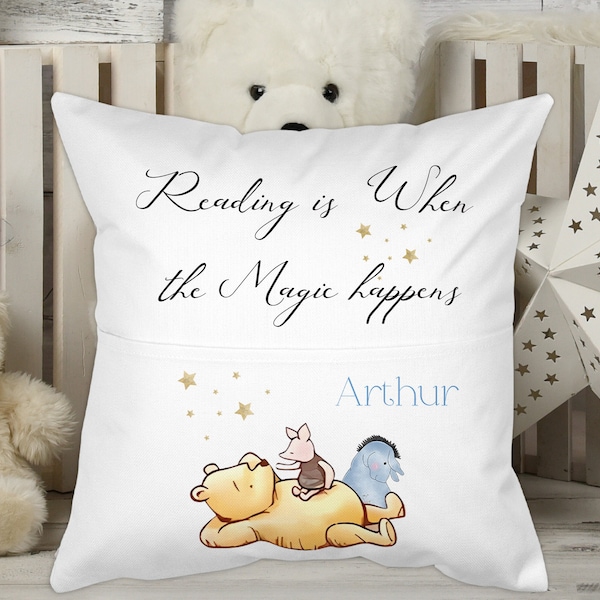 Pooh bear Personalised pocket pillow, kids pocket cushion, book lovers Cushion Cover, kids bedroom pillow cover, Personalised pillow,
