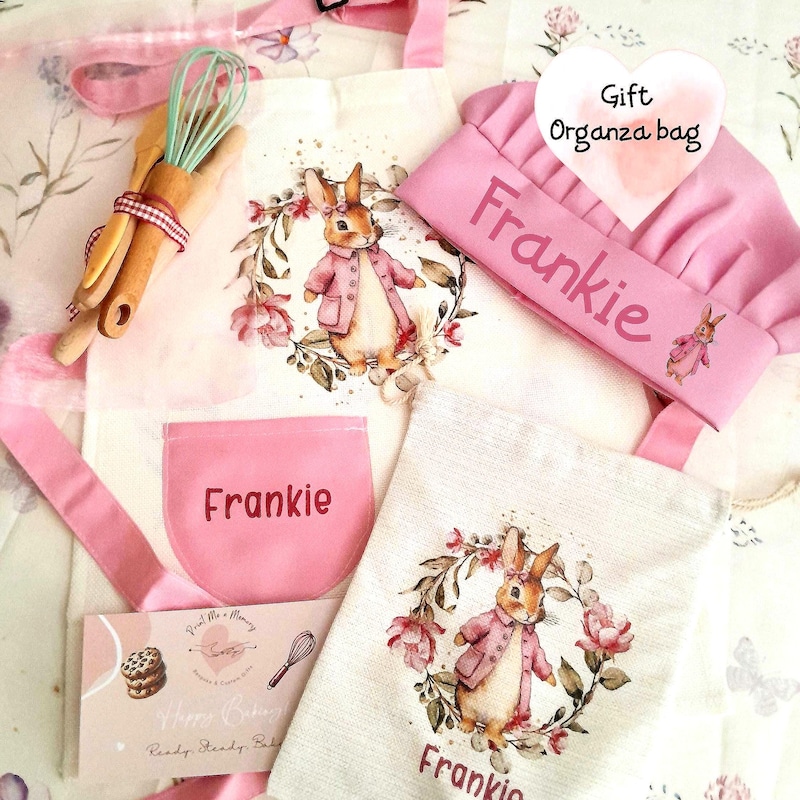 🥐Free Personalization🥐Personalized Kids Linen Kitchen Tabard Set: Pink Bunny Wreath, Wooden Baking Utensils Apron