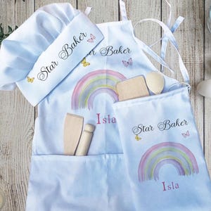 Personalised Quality Apron, Pink rainbow Design, Chef&#39;s Hat, rainbow print Baking Set, rainbow Theme, Pinafore, Christmas Gift, Birthday