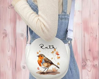 Bolso bandolera personalizado con diseño de petirrojo, bolso de hombro redondo con nombre personalizado para adolescentes y adultos, regalo para amantes de las aves, bolso circular botánico.