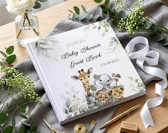 Libro de firmas personalizado para baby shower con temática de safari, animales de la jungla, recuerdo de bienvenida para el bebé