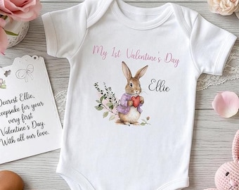 Personalised First Valentines Day Baby Onesie, Custom Name Peter Rabbit Vest, New-born Valentine Gift, Cute Bunny Baby Clothes Set Girl