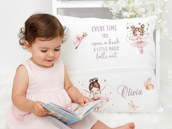Personalised Ballerina Reading Cushion, Kids Book Pillow, Custom Name Dance Gift, Pink Floral Nursery