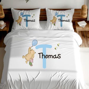 Juego de funda de edredón individual o doble para niños con diseño de osito Pooh, funda de almohada con diseño de letras, ropa de cama con diseño para niños, artículo para dormitorio