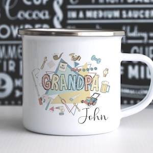 Personalised Father&#39;s day enamel mugs, Unique hot chocolate coffee mug, bespoke breakfast tea mug, camping cups,