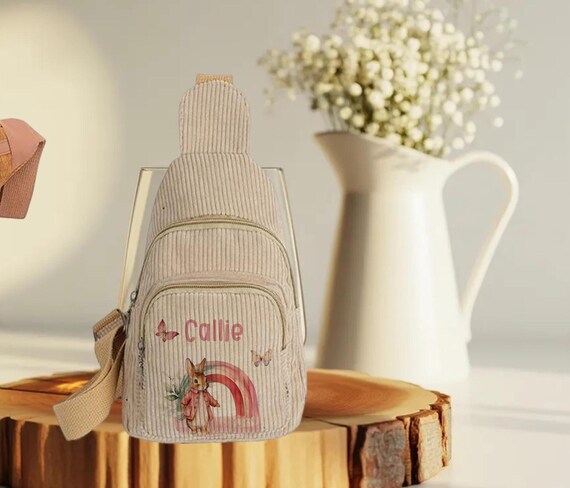 Personalised Pink Bunny Small corduroys Travel Shoulder bag, kids cross body small purse