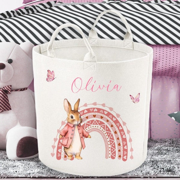 Personalised pink rabbit design felt toy basket, Kids storage bag, nursery room item, boxes bins for baby item, toys tub