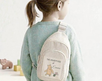 Bolso bandolera pequeño vintage de pana con diseño de Winnie the Pooh y Piglet, mochila de viaje infantil personalizada.