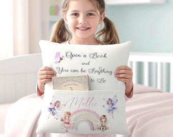 Personalised Fairy Kids Pocket Pillow Custom Reading Cushion for Girls Storytime Fairy Tale Gift