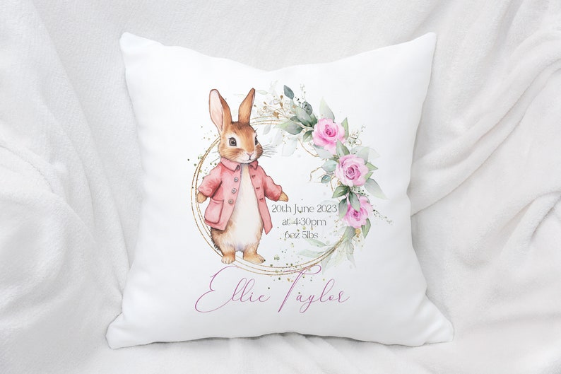 Personalised pink Rabbit Cushion, pink Rabbit baby shower Pillow, baby shower Cushion Cover,, Nursery Christening Gift Baptism Gift image 2
